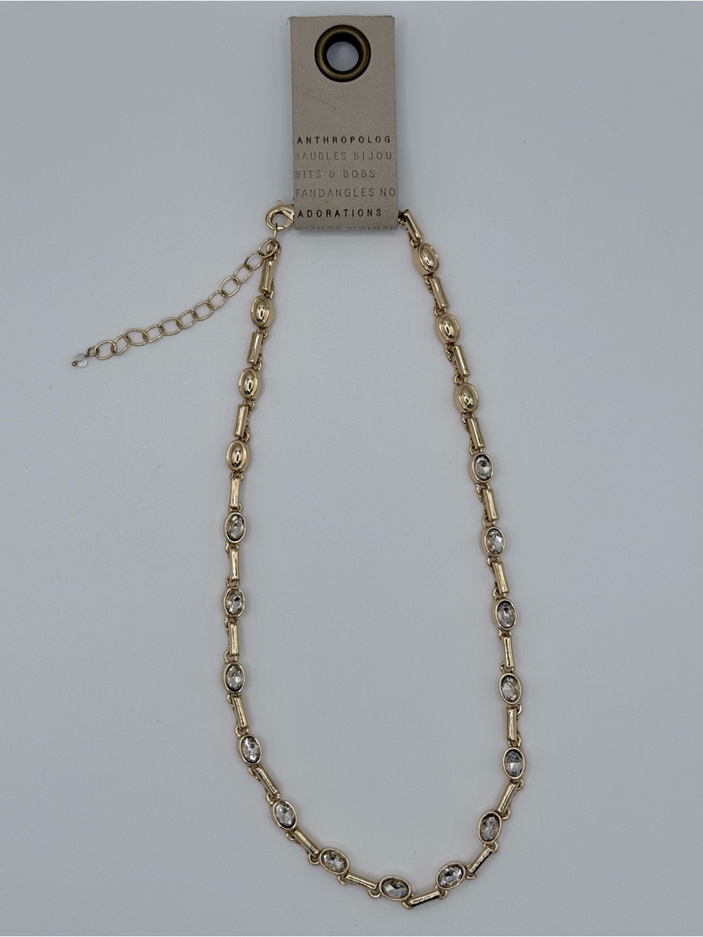 Anthropologie Gold Glass Crystal Oval Necklace 16-19" NWT